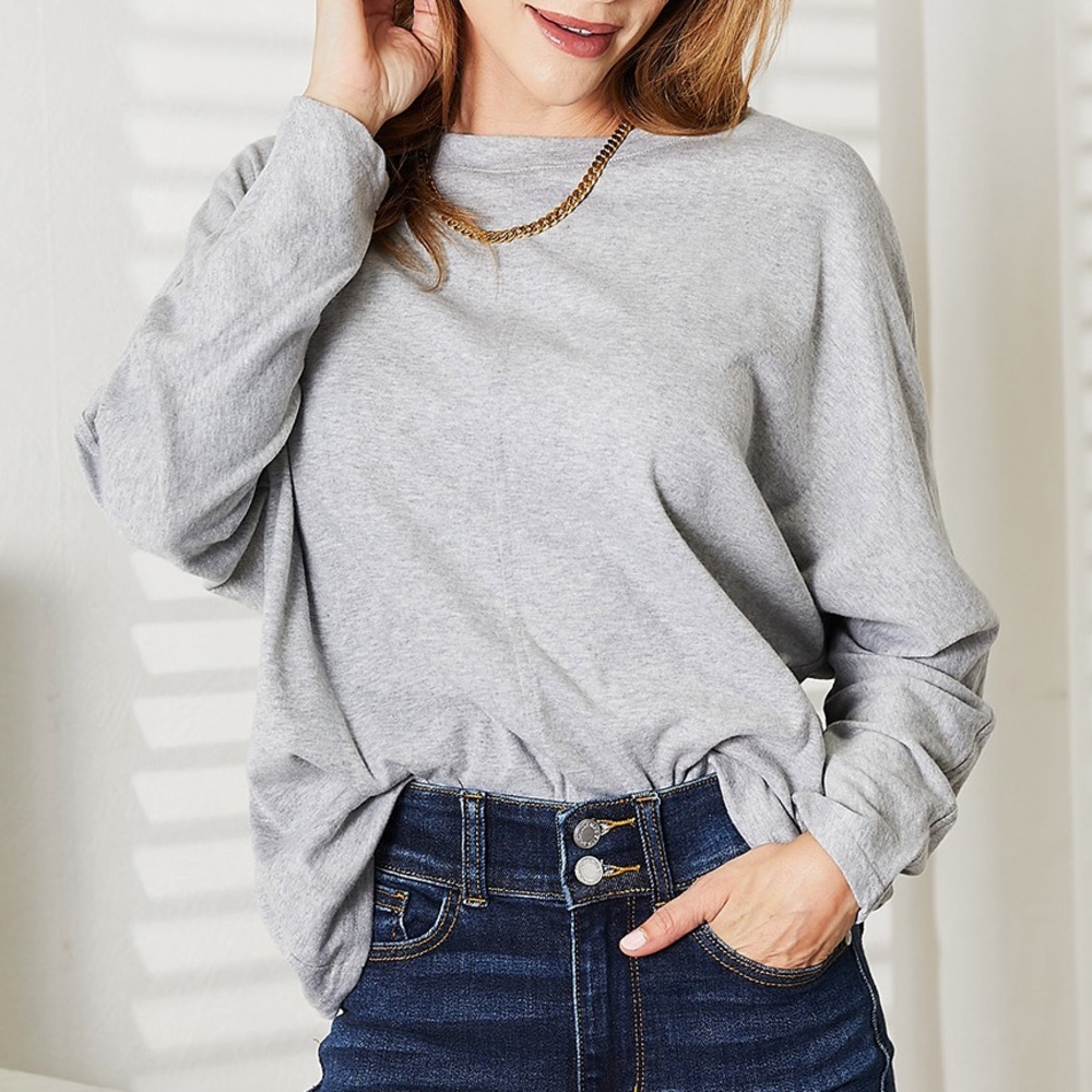 NEW Double Take Plus Size Exposed Seam Detail Round Neck Oversized Top in Gray